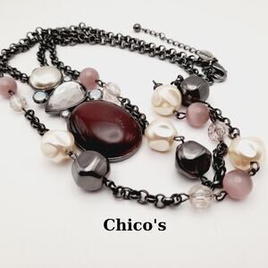 Chico's Two Strand Long Glass Bead Pendant Necklace, Gunmetal Gray